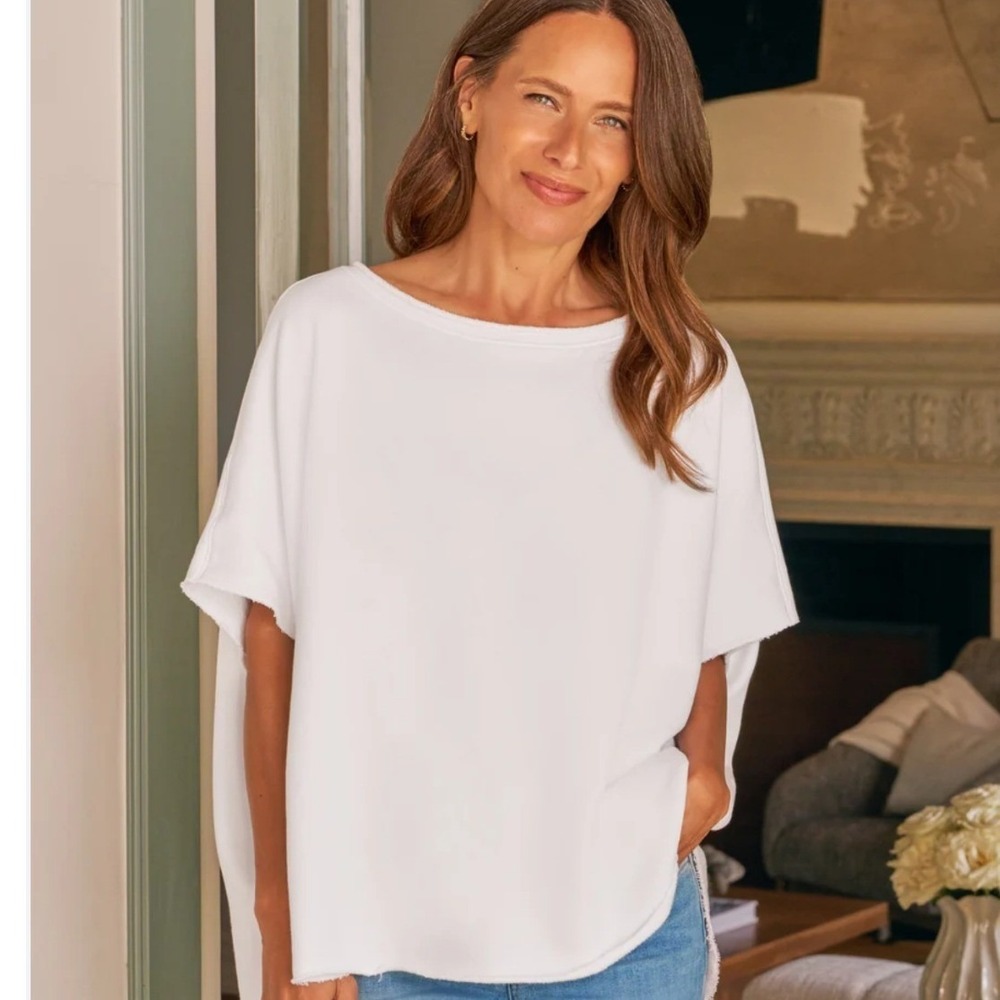 Frank & Eileen Olive Caplet Sweatshirt OS White French Terry Raw Edge Oversized